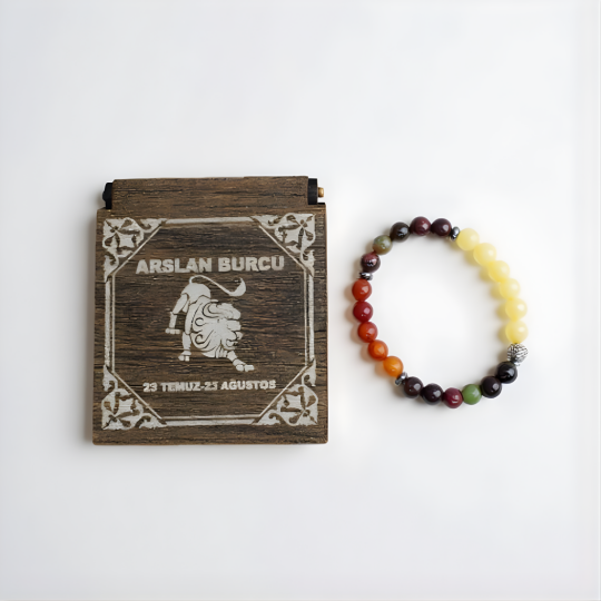 Aslan Burcu Doğal Taş Bileklik - Ahşap Hediye Kutulu