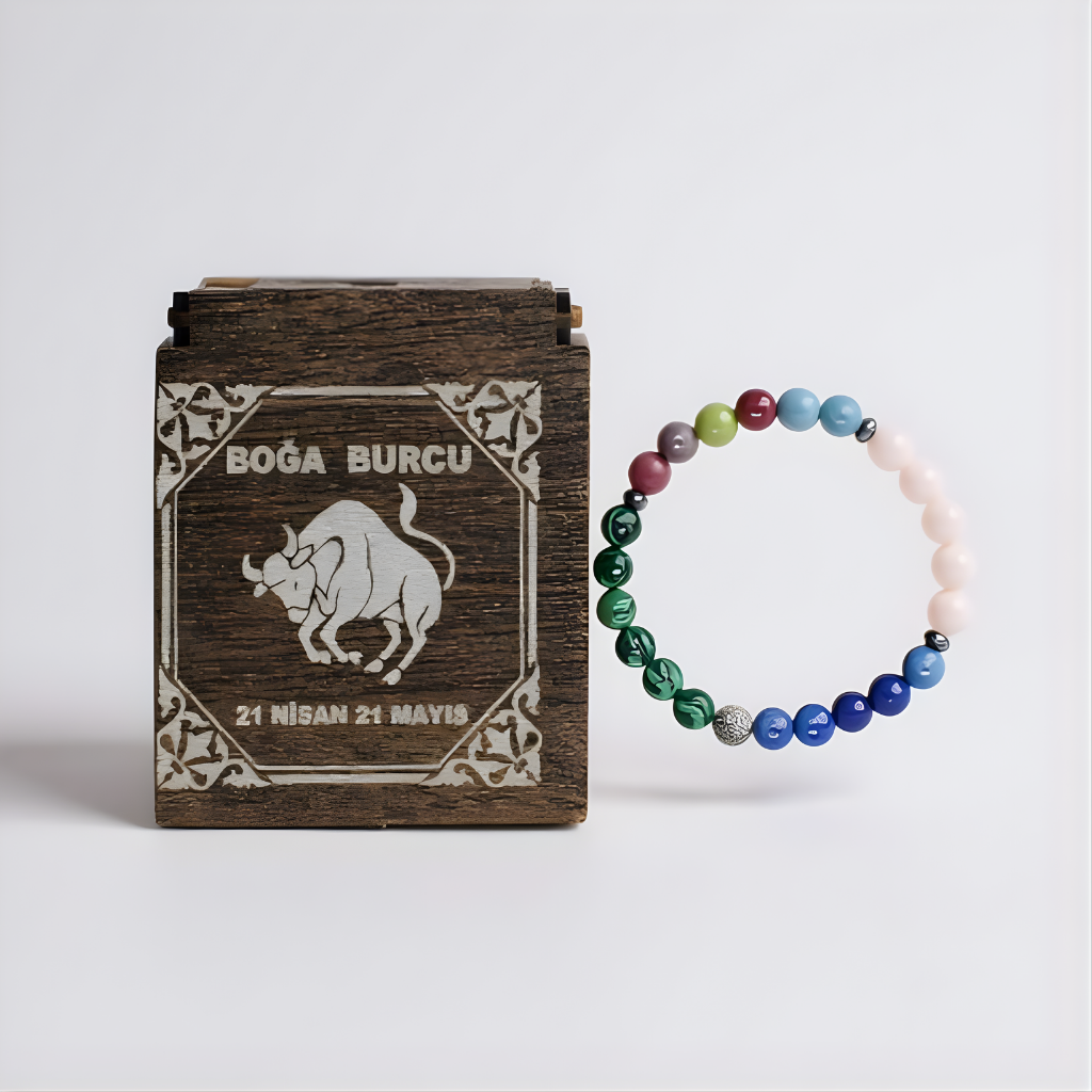 Boğa Burcu Doğal Taş Bileklik - Ahşap Hediye Kutulu - 1