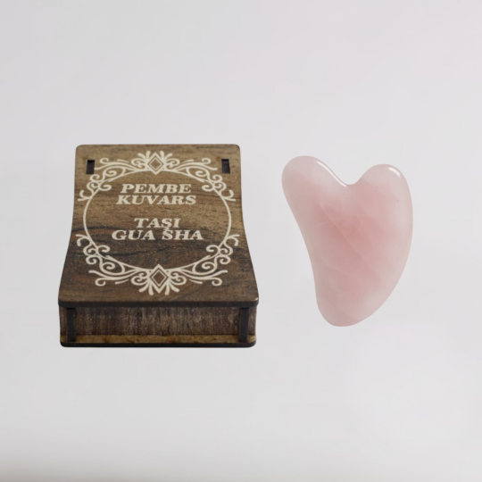 Pembe Kuvars Taşı Gua Sha Masaj Taşı - Ahşap Hediye Kutulu